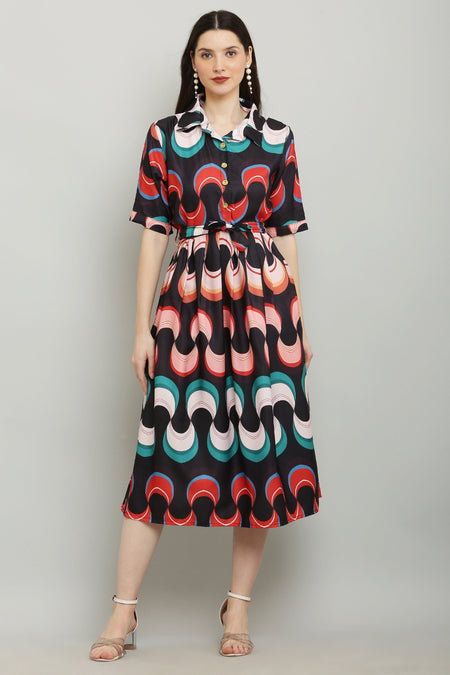 PAVONINE Zig-Zag Multi-Colors Printed Crepe Fabric Black Dress For Women