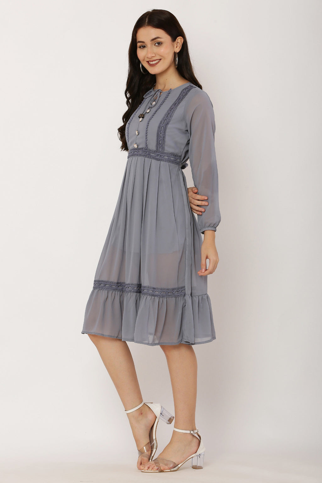 PAVONINE Grey Color Georgette Fabric Lace Inserts Dress For Girls - Distacart