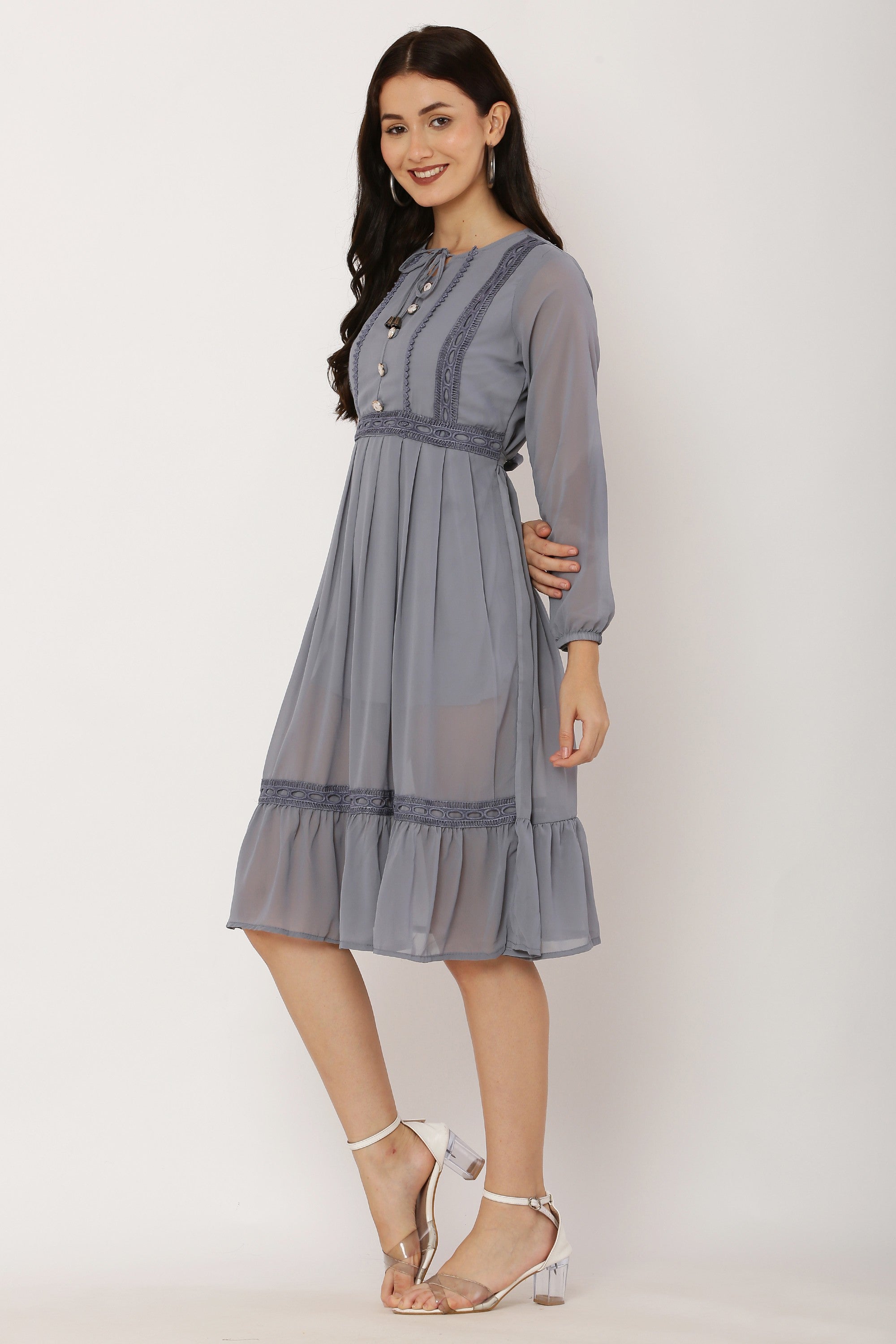PAVONINE Grey Color Georgette Fabric Lace Inserts Dress For Girls - Distacart