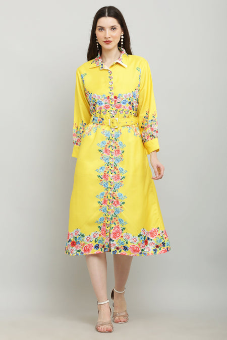 PAVONINE Cat Flower Digital Print Yellow Color A-Line Dress For Women