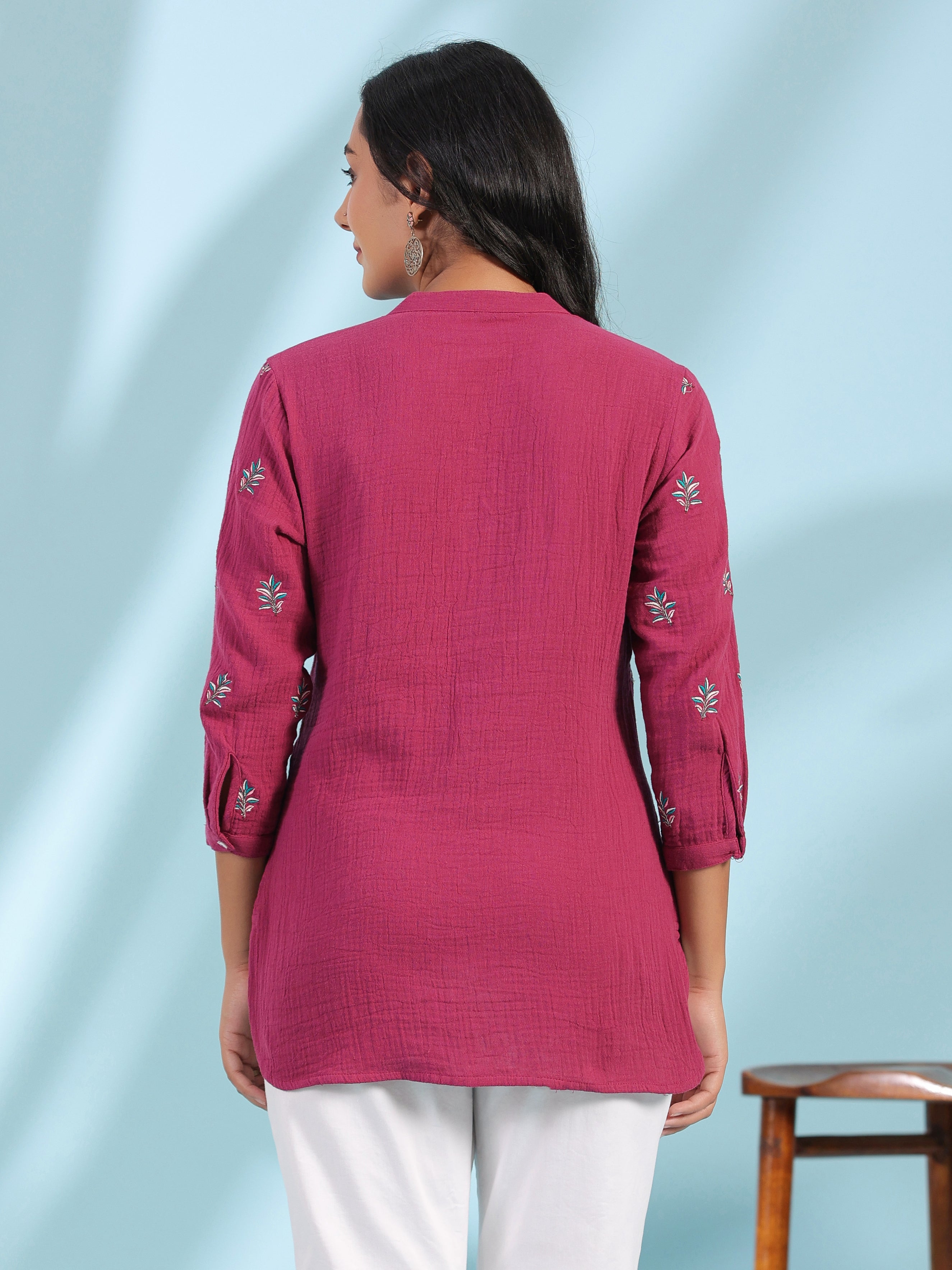 Juniper Women Wine Double Gauze Embroidered High-Low Tunic