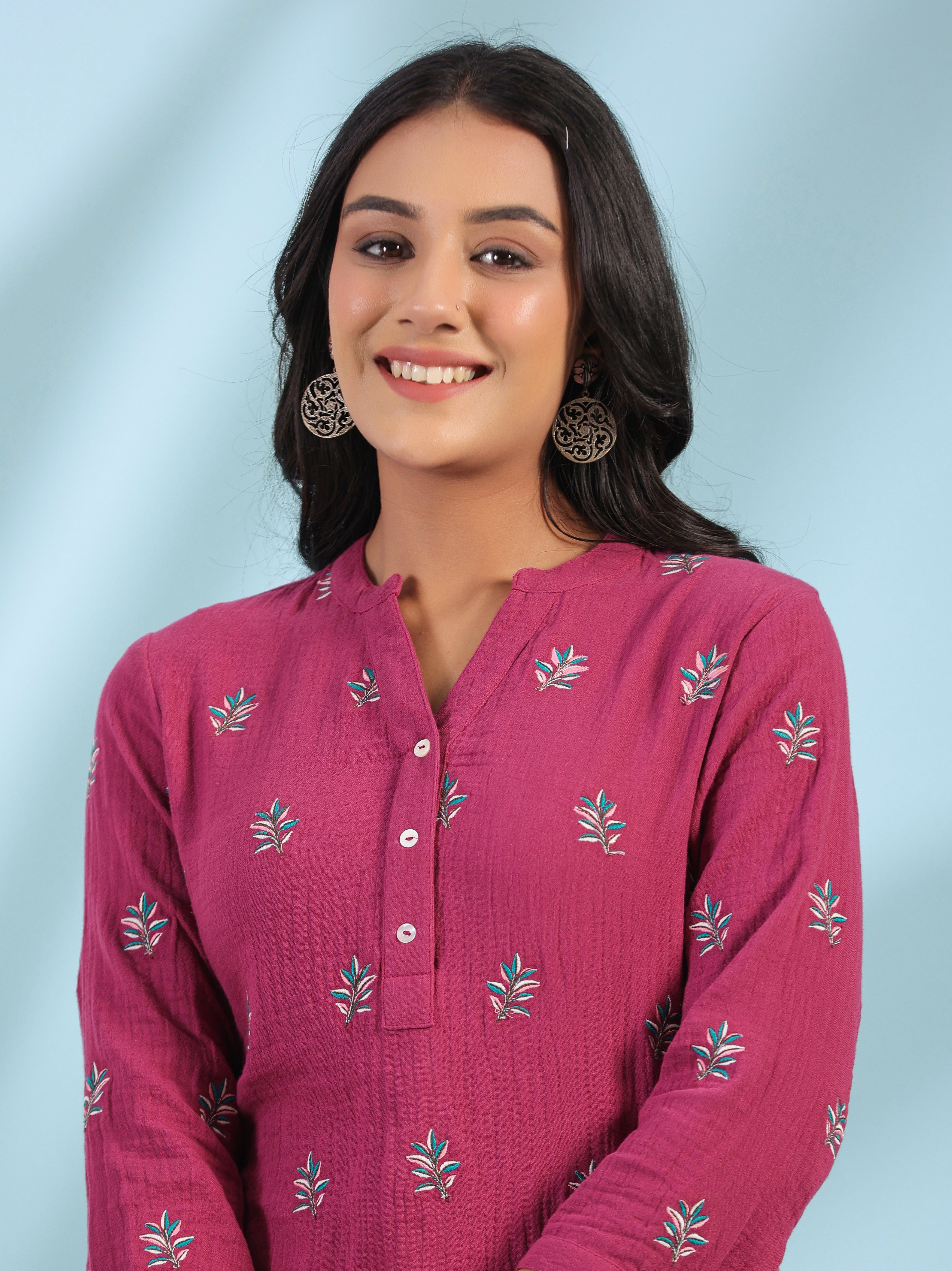 Juniper Women Wine Double Gauze Embroidered High-Low Tunic