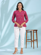Juniper Women Wine Double Gauze Embroidered High-Low Tunic