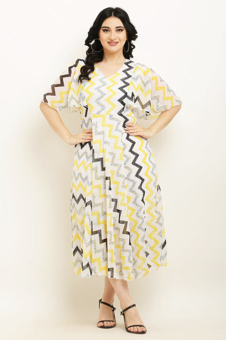 PAVONINE Zig-Zag Printed Georgette Fabric Yellow Dress For Women