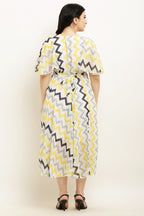PAVONINE Zig-Zag Printed Georgette Fabric Yellow Dress For Women - Distacart