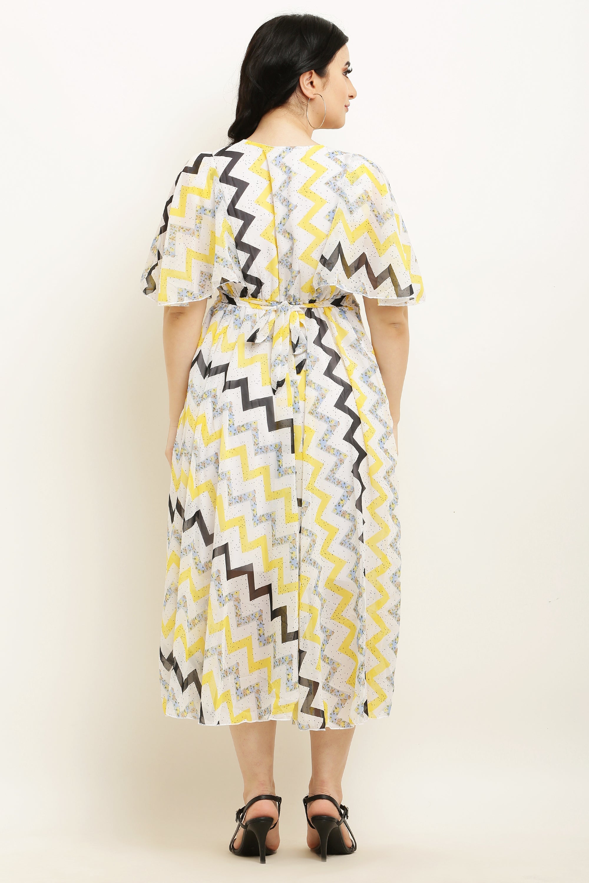 PAVONINE Zig-Zag Printed Georgette Fabric Yellow Dress For Women - Distacart