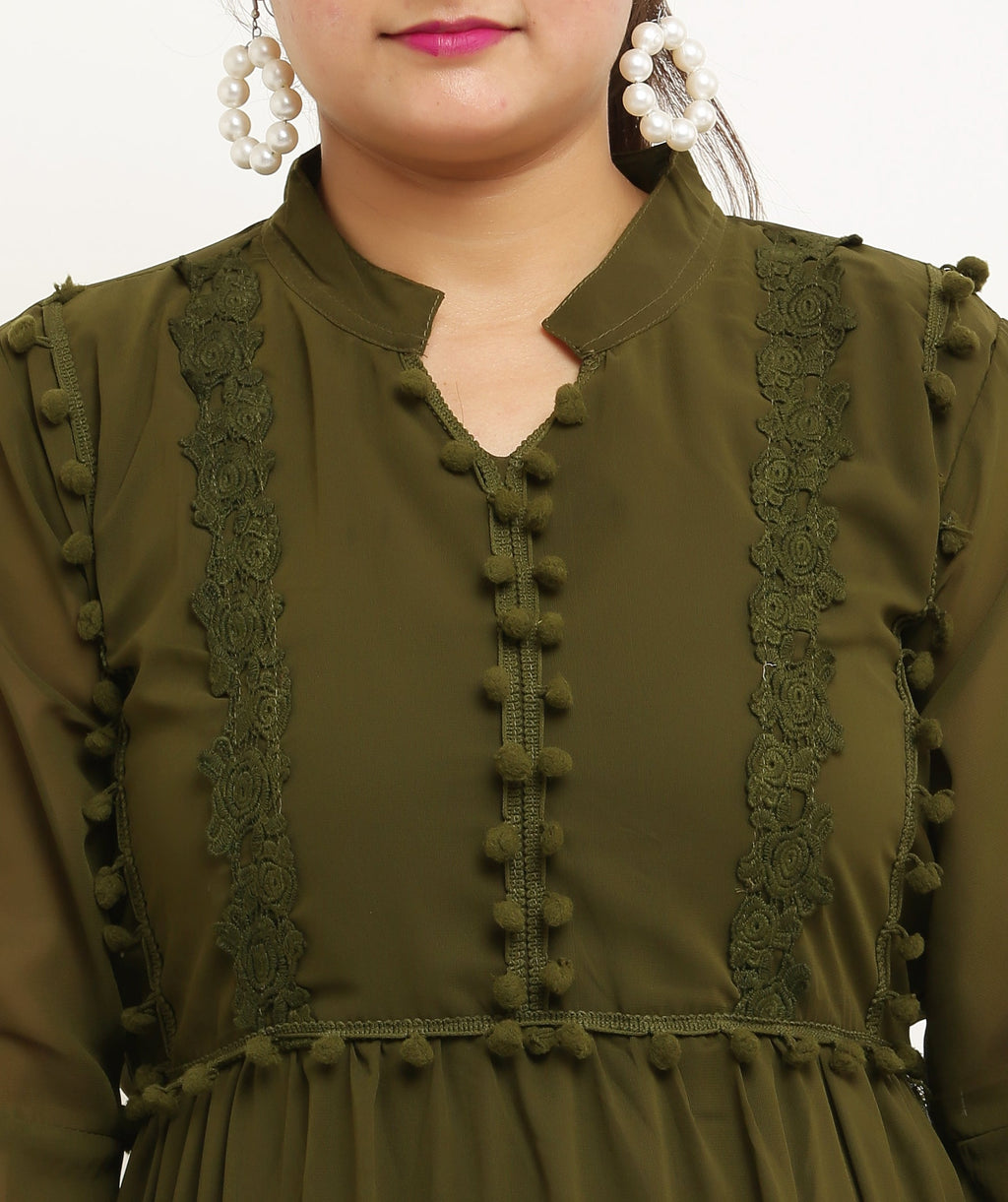 PAVONINE Pum Pum & Lace Inserted Mehandi Color Dress For Girls & Women - Distacart