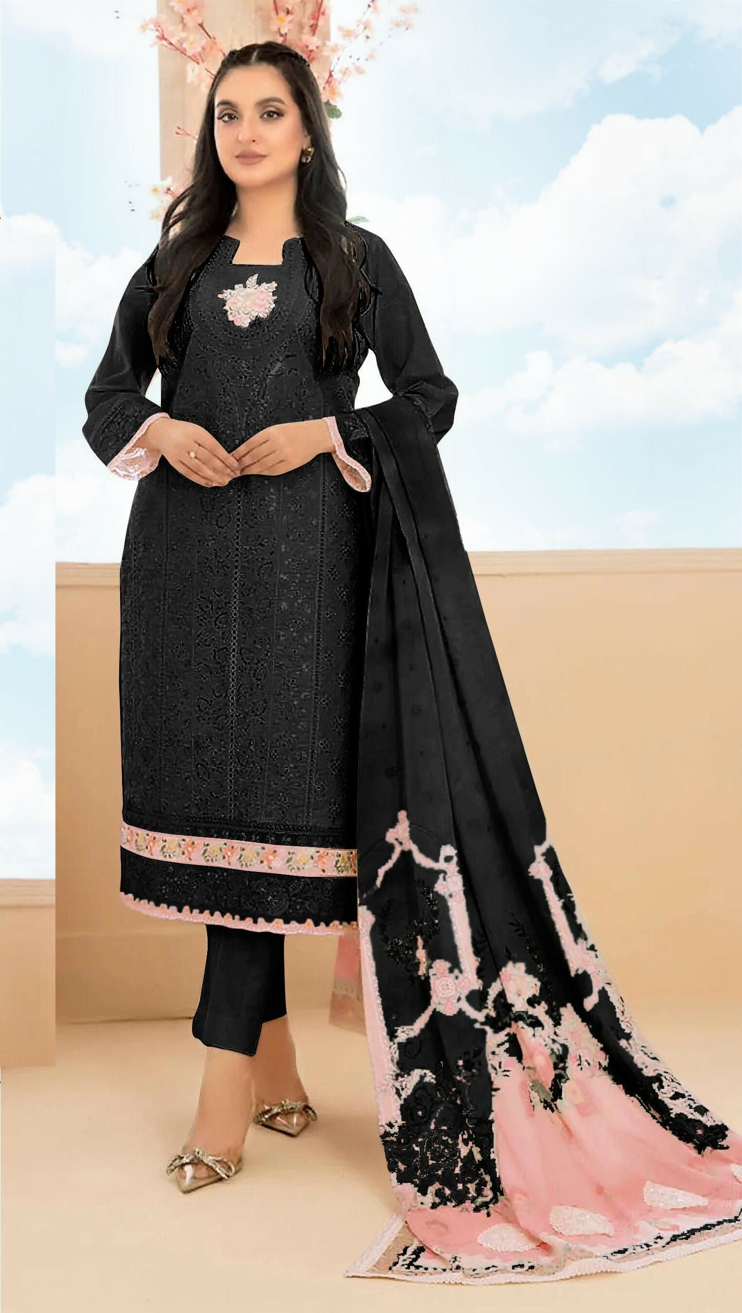 Anaita Black Cambric Cotton Stitched Suit with Embroidery & Sequence Work - Distacart