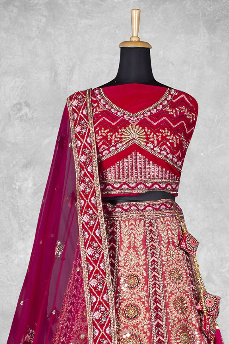Red Velvet Pure Mirror Work Semi Stitched Lehenga Choli with Dupatta - Nimaya Lagnotsav