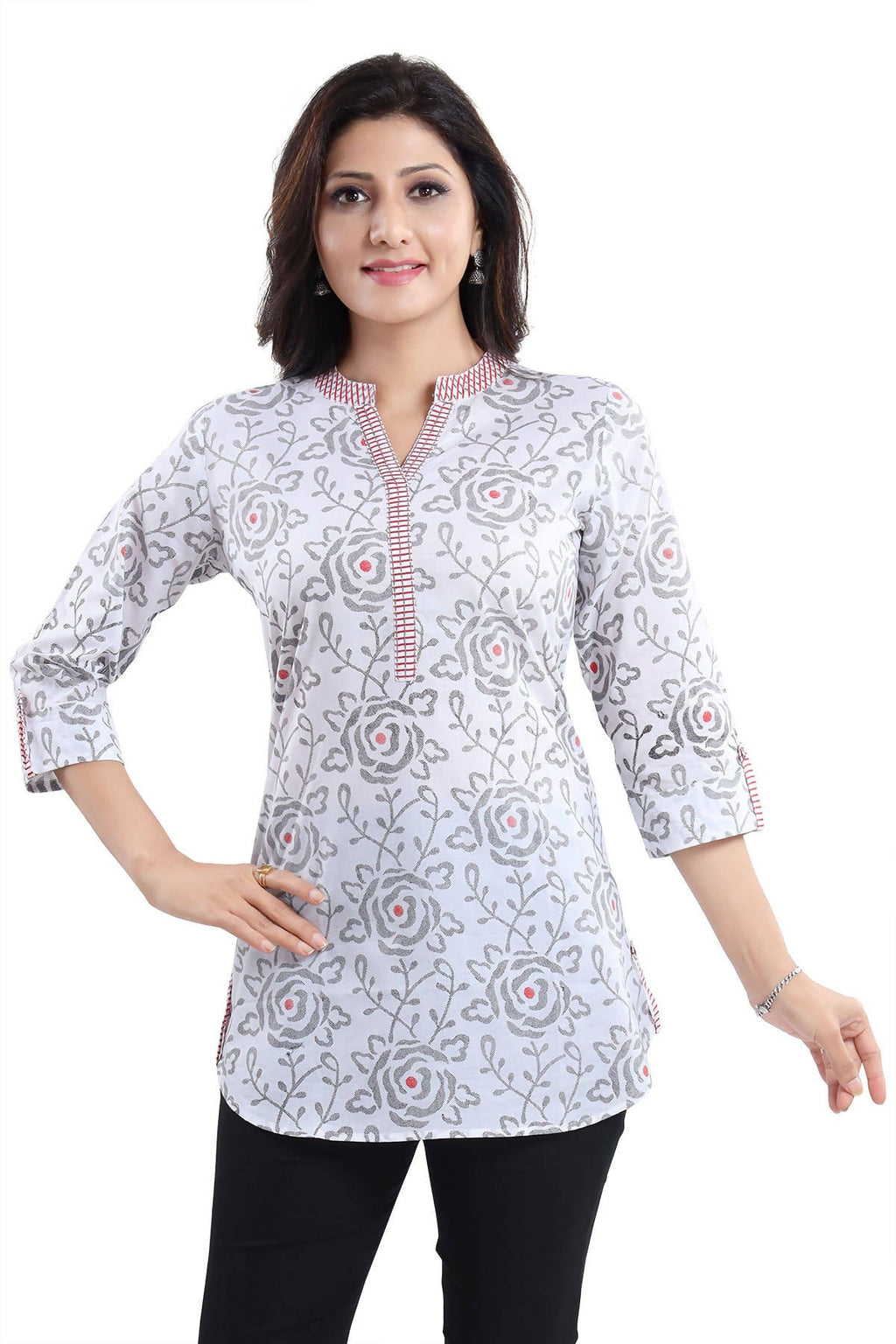 Snehal Creations Vibrant Vigour White Cotton Printed Short Tunic Top - Distacart