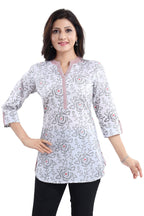 Snehal Creations Vibrant Vigour White Cotton Printed Short Tunic Top - Distacart