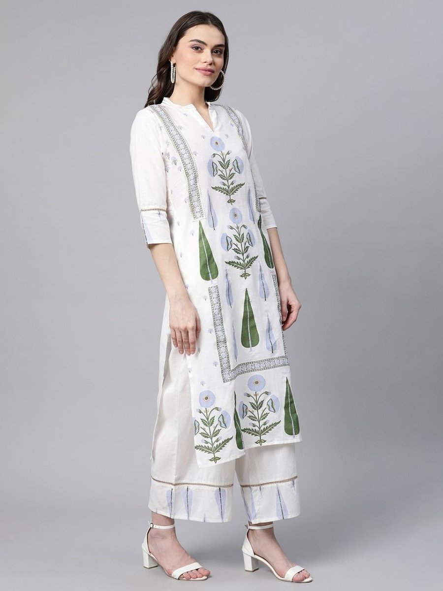 Ahalyaa Women Off White Colour Pure Cotton Printed Kurta Palazzo Set With Dupatta - Distacart