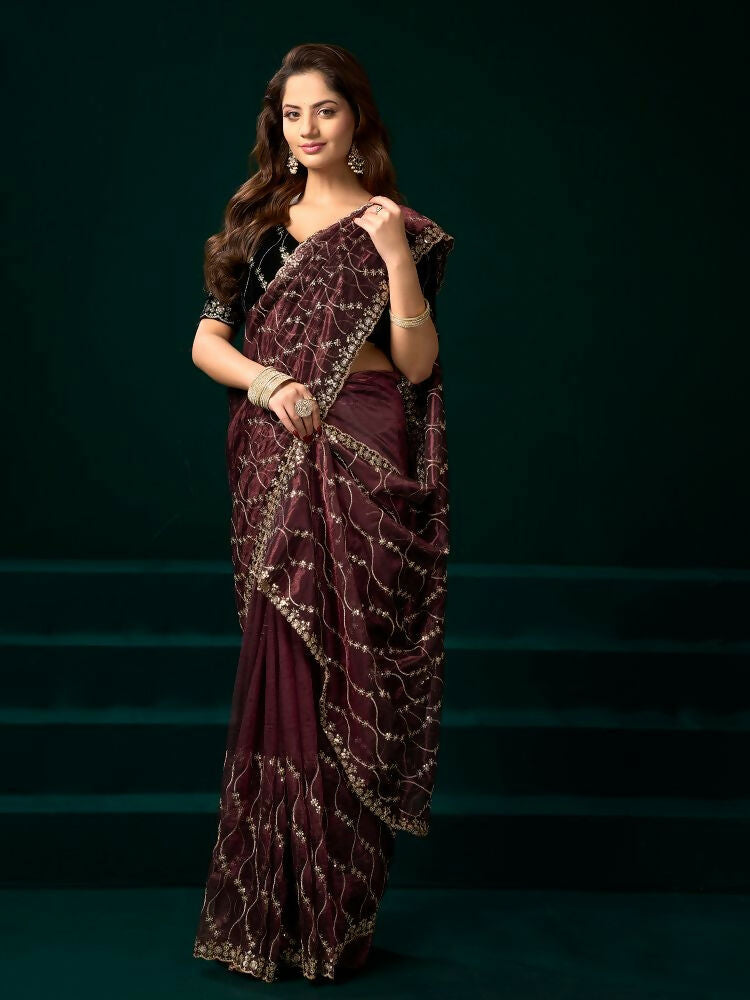 Joban Fashion Maroon Net Party Wear Sarees - Distacart