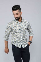Miravan Men's White & Blue Floral Print Cotton Regular Fit Shirt