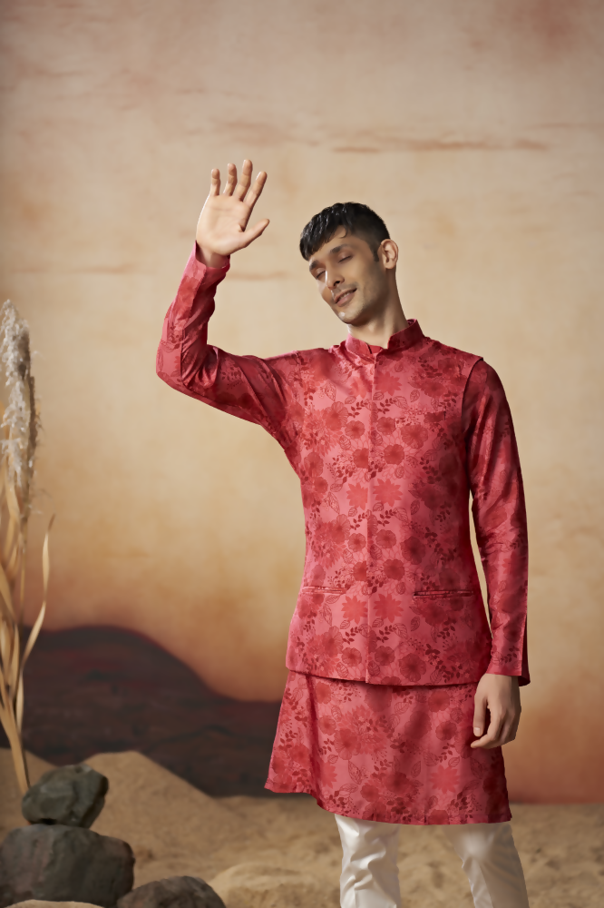 Floral Print Silk Nehru Jacket Set by Hilo Design