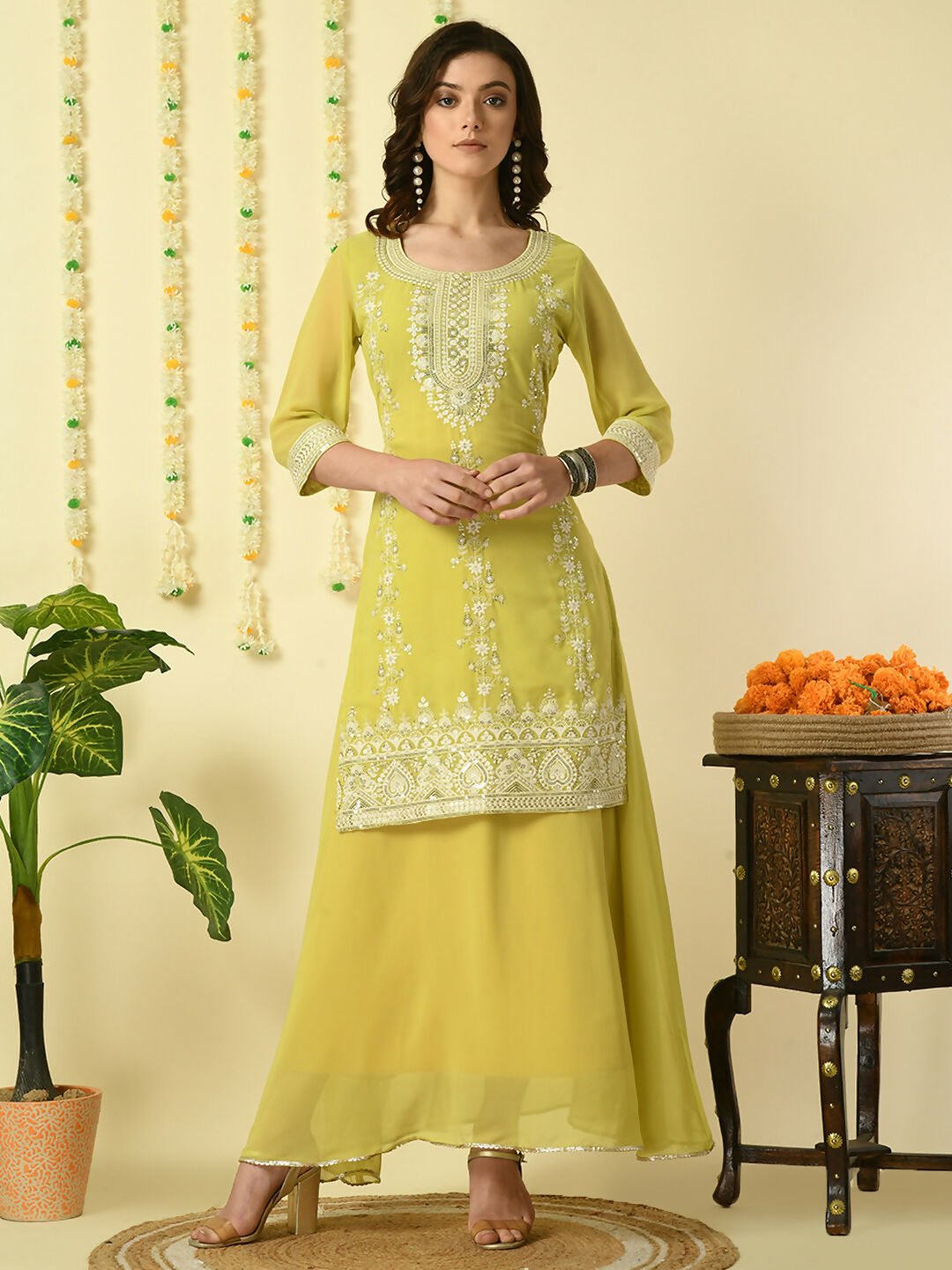 Myshka Women's Yellow Georgette Kurta & Skirt With Dupatta Party Sets