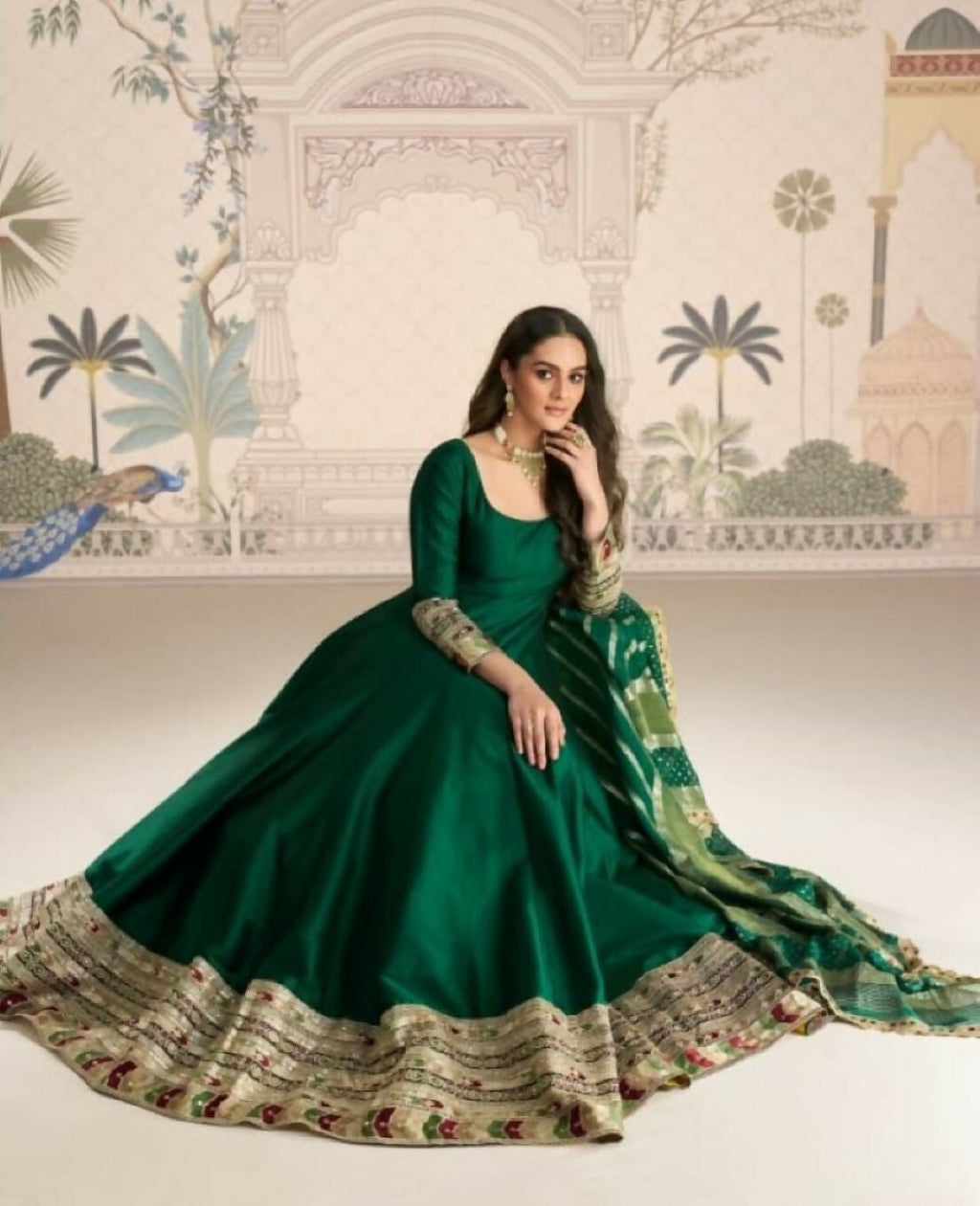 Anaita Dark Green Vichitra Silk Anarkali Suit with Embroidery Sequins - Distacart