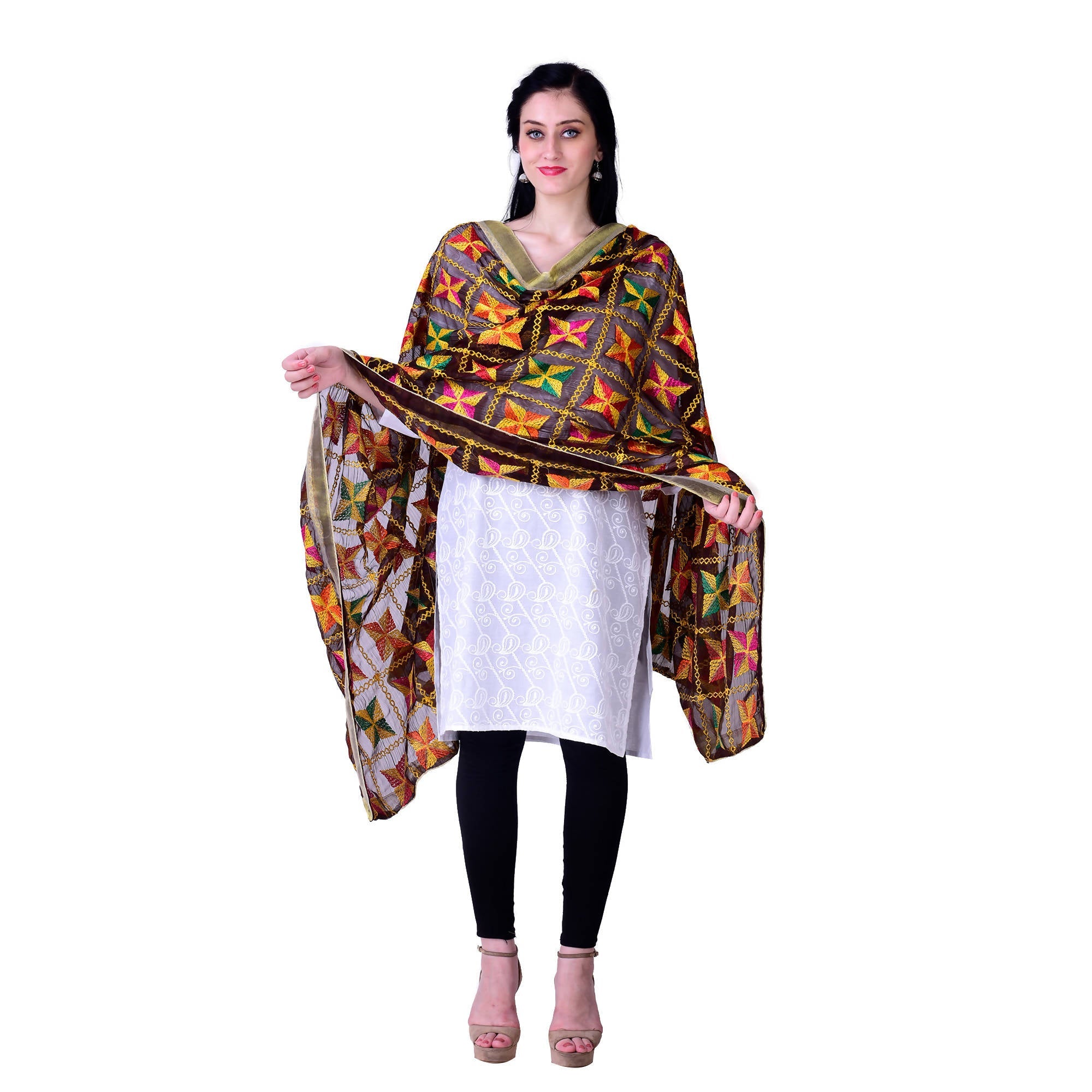 SWI Stylish Embroidered Phulkari Chiffon Coffee Color Dupatta
