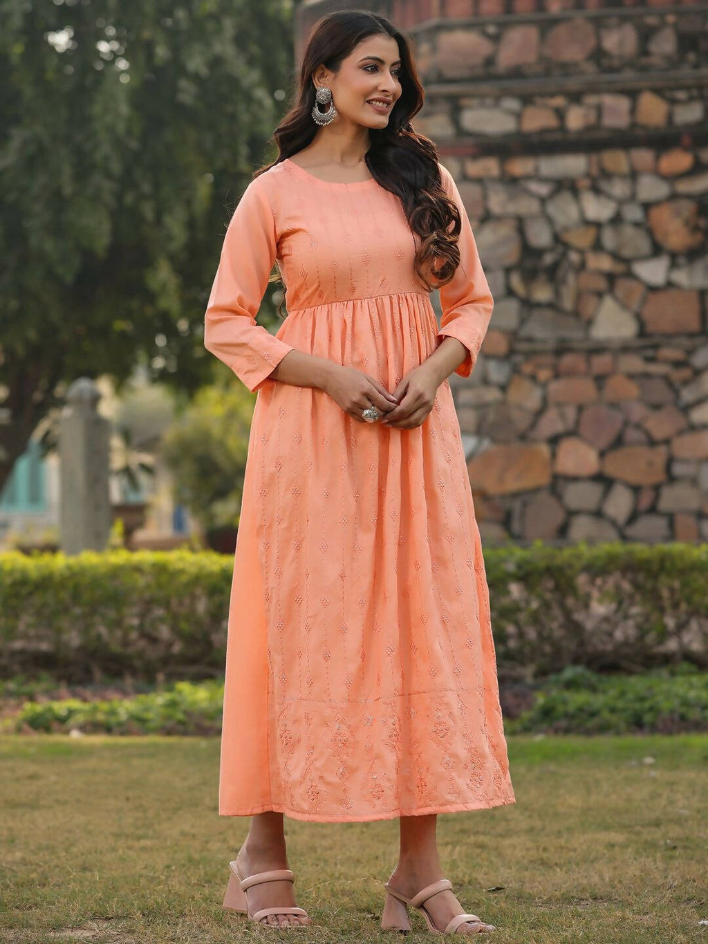 Juniper Women's Peach Festive Embroiderd Flared Dress - Distacart