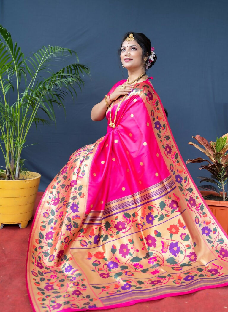Jyoti Fashion Women's Pink Paithani Silk Zari Woven Saree with Blouse