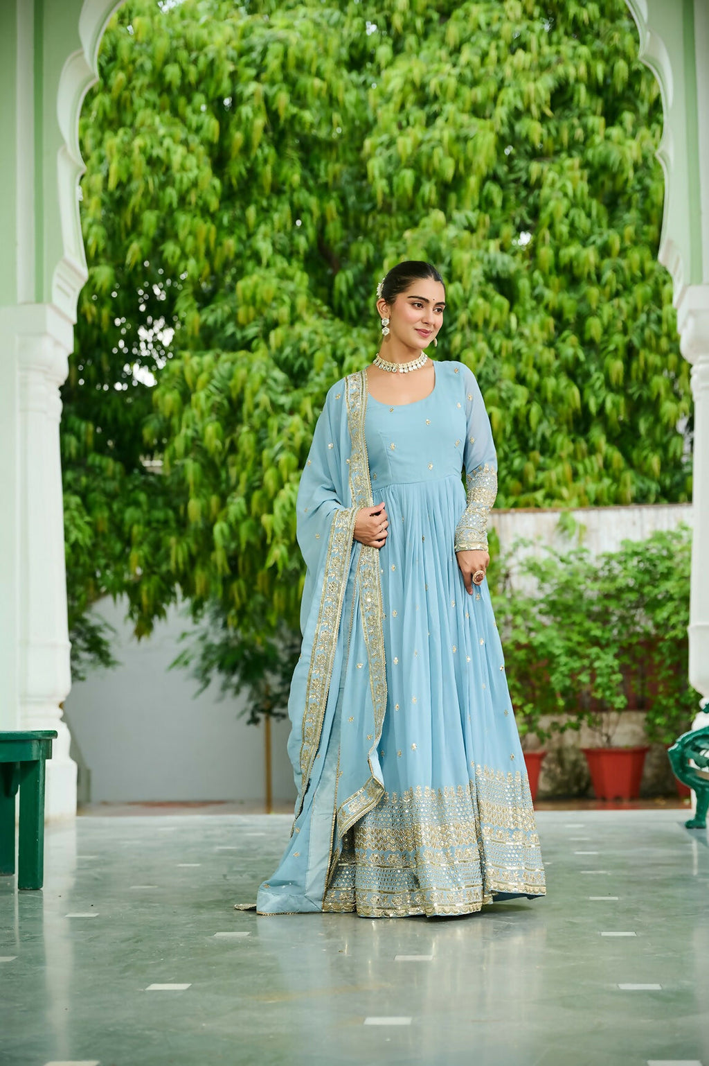 Joban Fashion Sky Blue Georgette Sequence Embroidery Work Kurta Set - Distacart