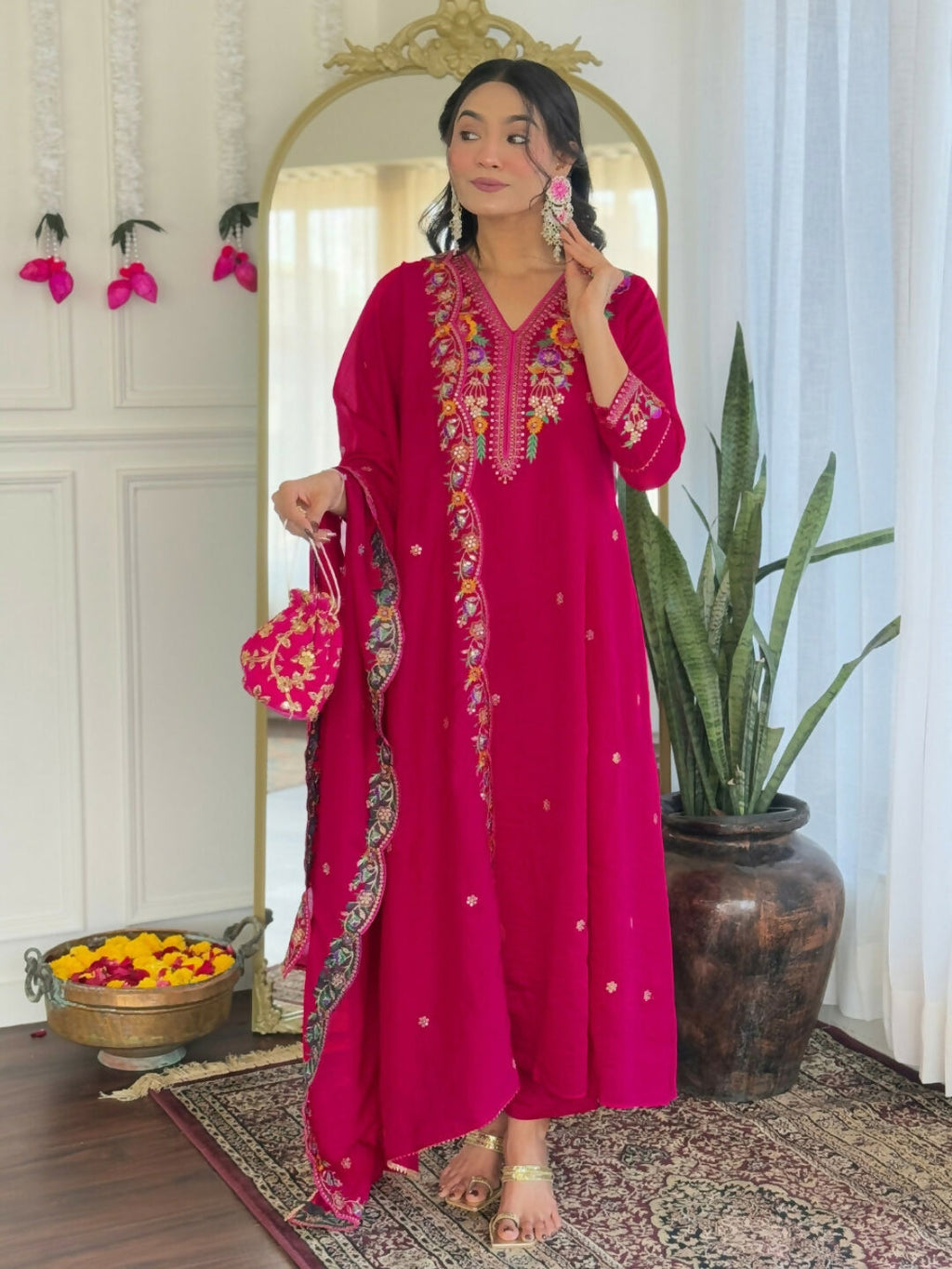 The52 Rani Women's Beautiful Embroidered Work Vichitra Silk Fabric Straight Kurta Pant and Dupatta Set - Distacart