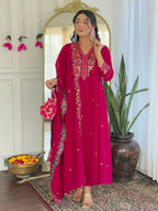 The52 Rani Women's Beautiful Embroidered Work Vichitra Silk Fabric Straight Kurta Pant and Dupatta Set - Distacart