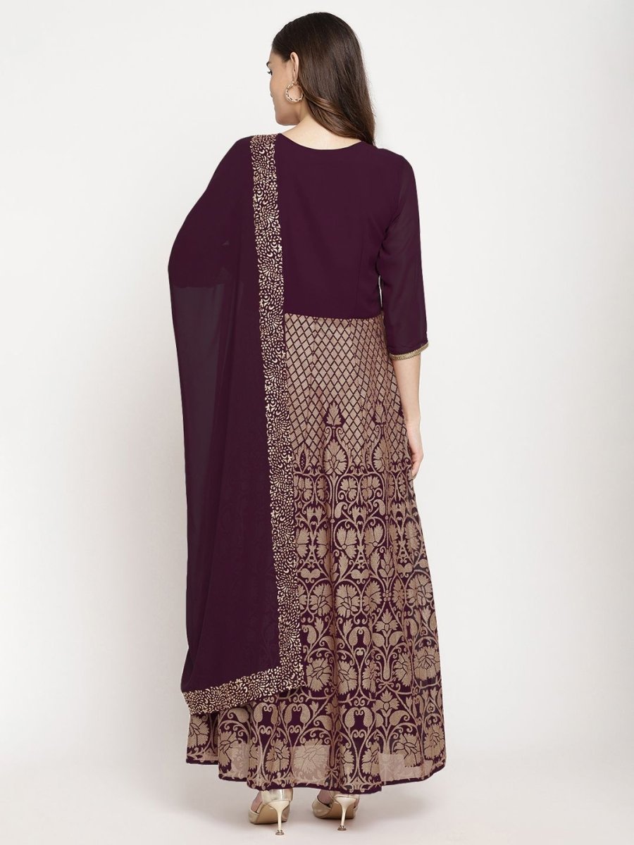 Ahalyaa Women's Wine Georgette Gold Foil Print Flared Kurta With Dupatta