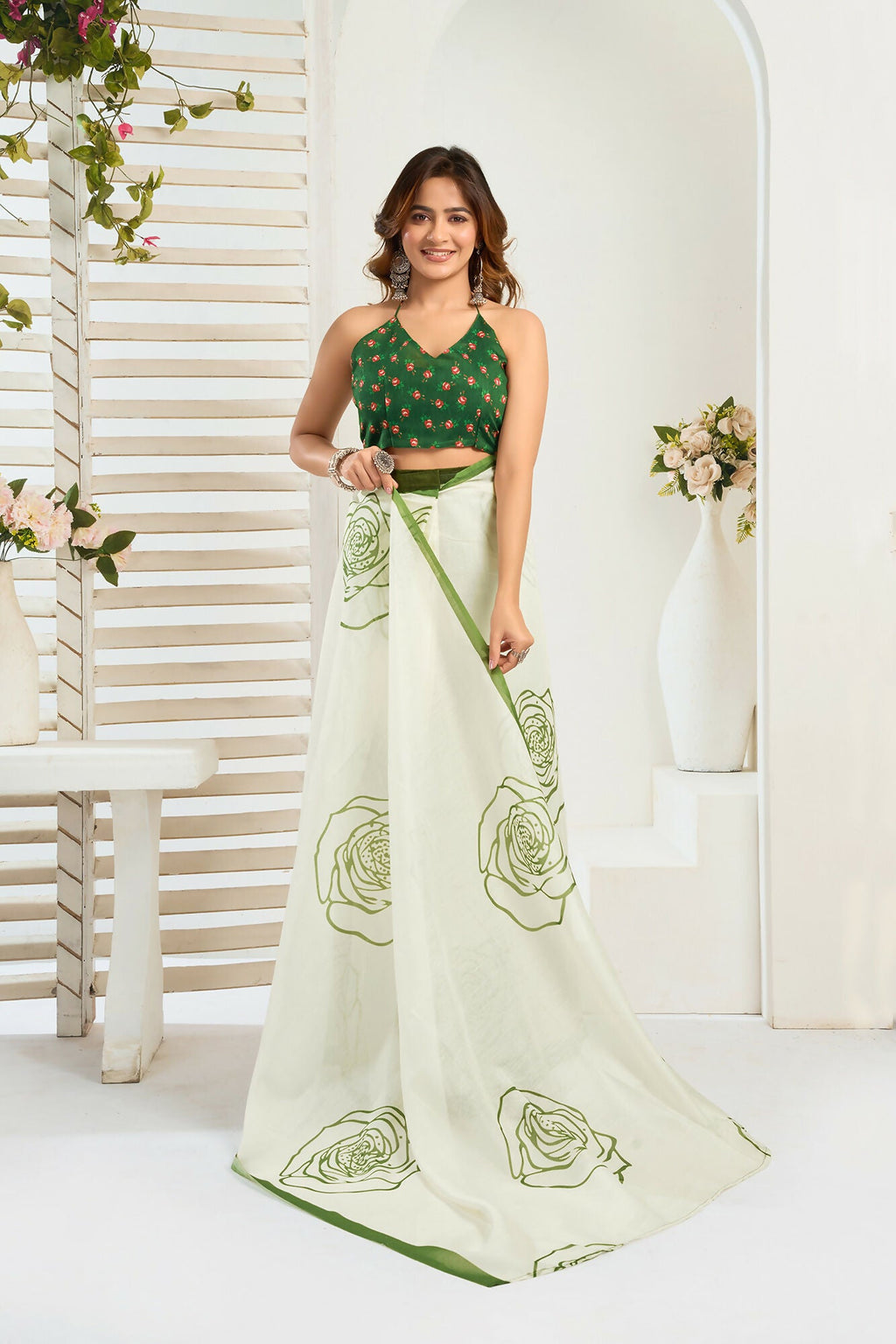 Vastranavya Green Digital Printed Linen Ready To Wear Designer Saree with Unstitched Blouse - Distacart