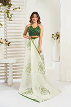 Vastranavya Green Digital Printed Linen Ready To Wear Designer Saree with Unstitched Blouse - Distacart