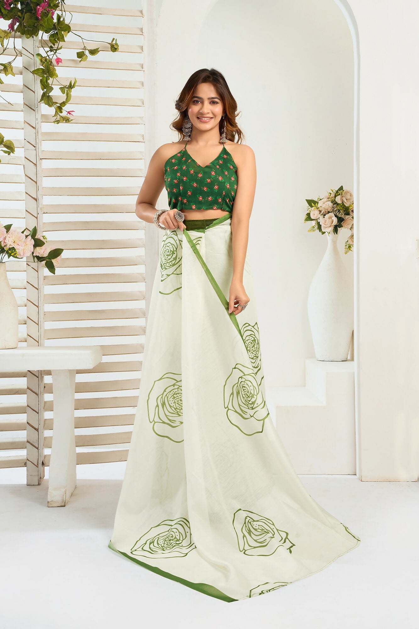 Vastranavya Green Digital Printed Linen Ready To Wear Designer Saree with Unstitched Blouse - Distacart