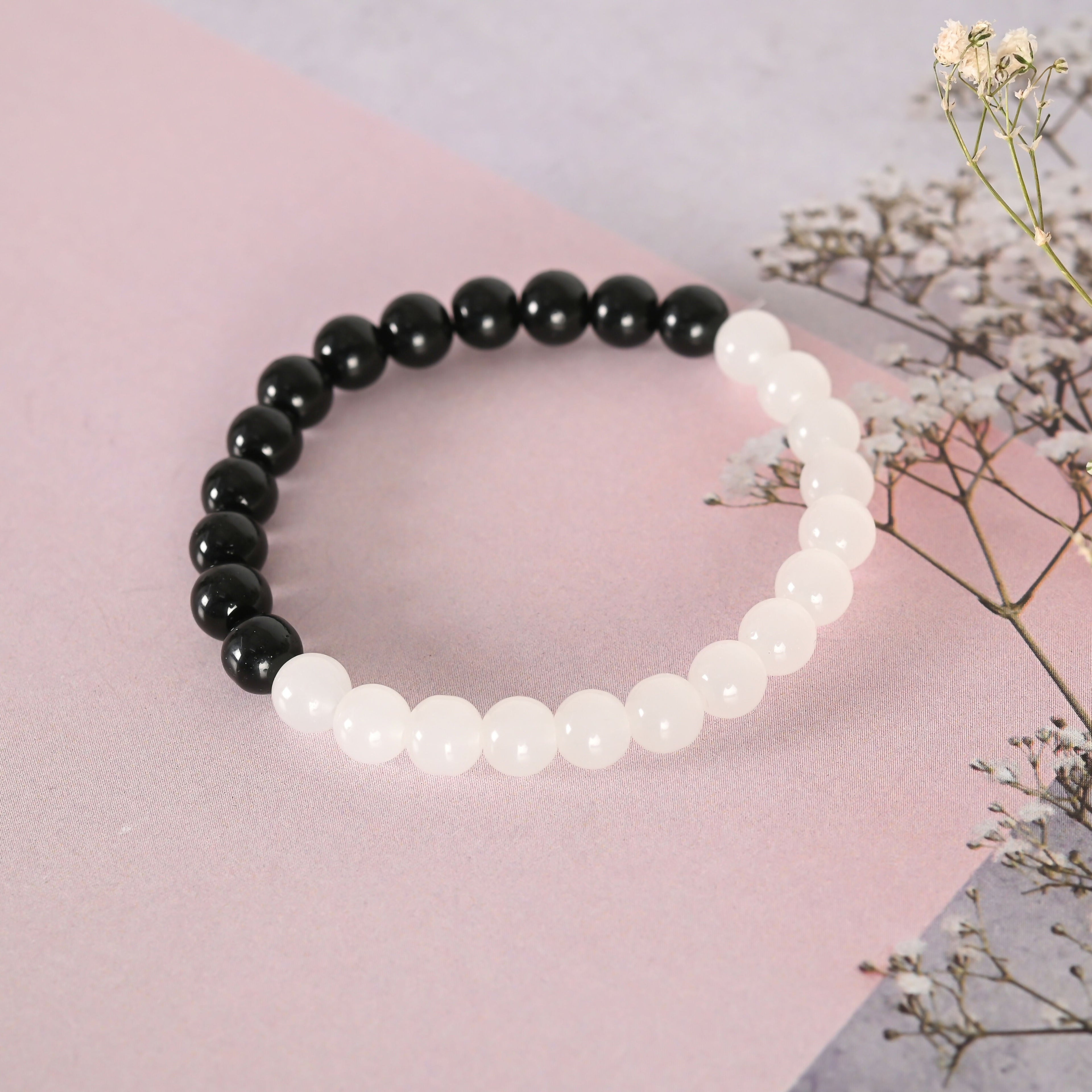 NVR Men & Women Black & White Marbel Crystal Elasticated Bracelet - Distacart
