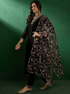 Sangria Ethnic Motifs Yoke Design Sequinned V-Neck Straight Kurta With Trouser & Dupatta