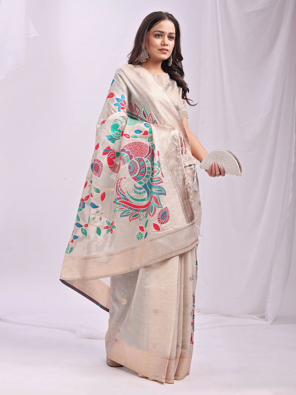 Shree Shyam Fashion Linen Cotton Cream Saree - Distacart
