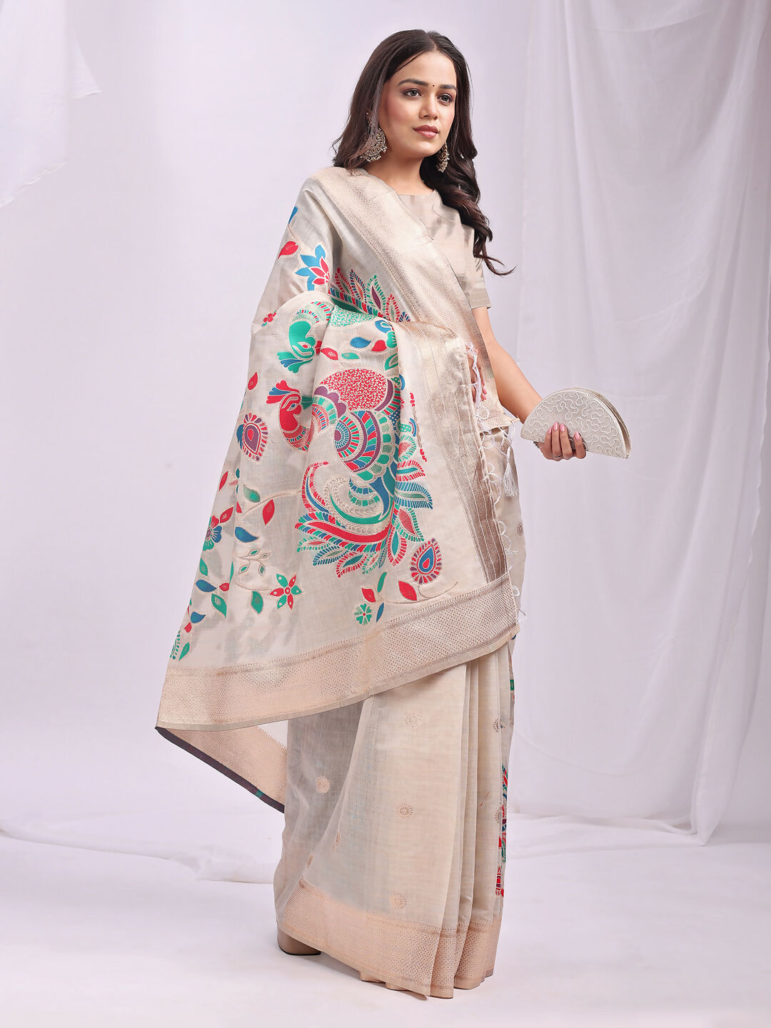 Shree Shyam Fashion Linen Cotton Cream Saree - Distacart