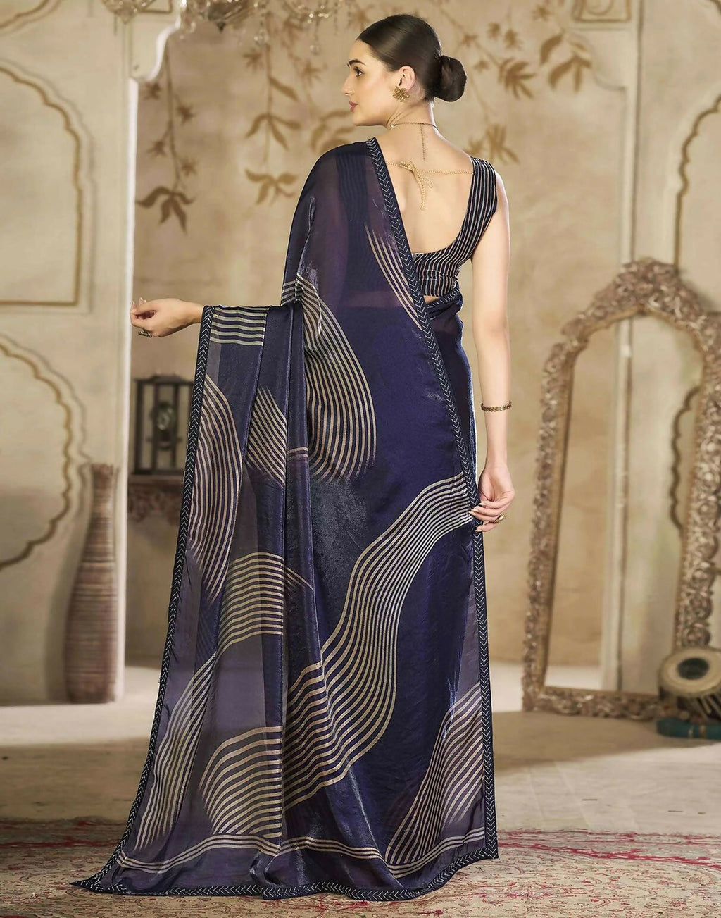Joban Fashion Satin Organza Navy Blue Swarovski Saree - Distacart