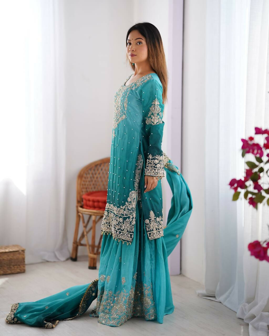 The52 Women's Beautiful Chinon silk Fabric Embroidery Work Straight Kurta Palazzo and Dupatta Set - Distacart