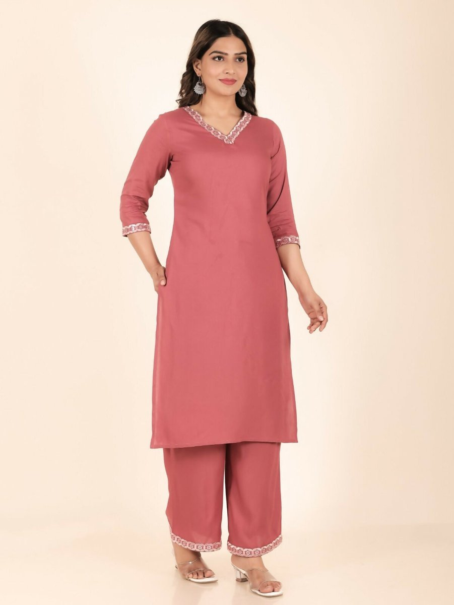 Aramya Pink Rayon Solid Print Straight Kurta Palazzo Set for Women