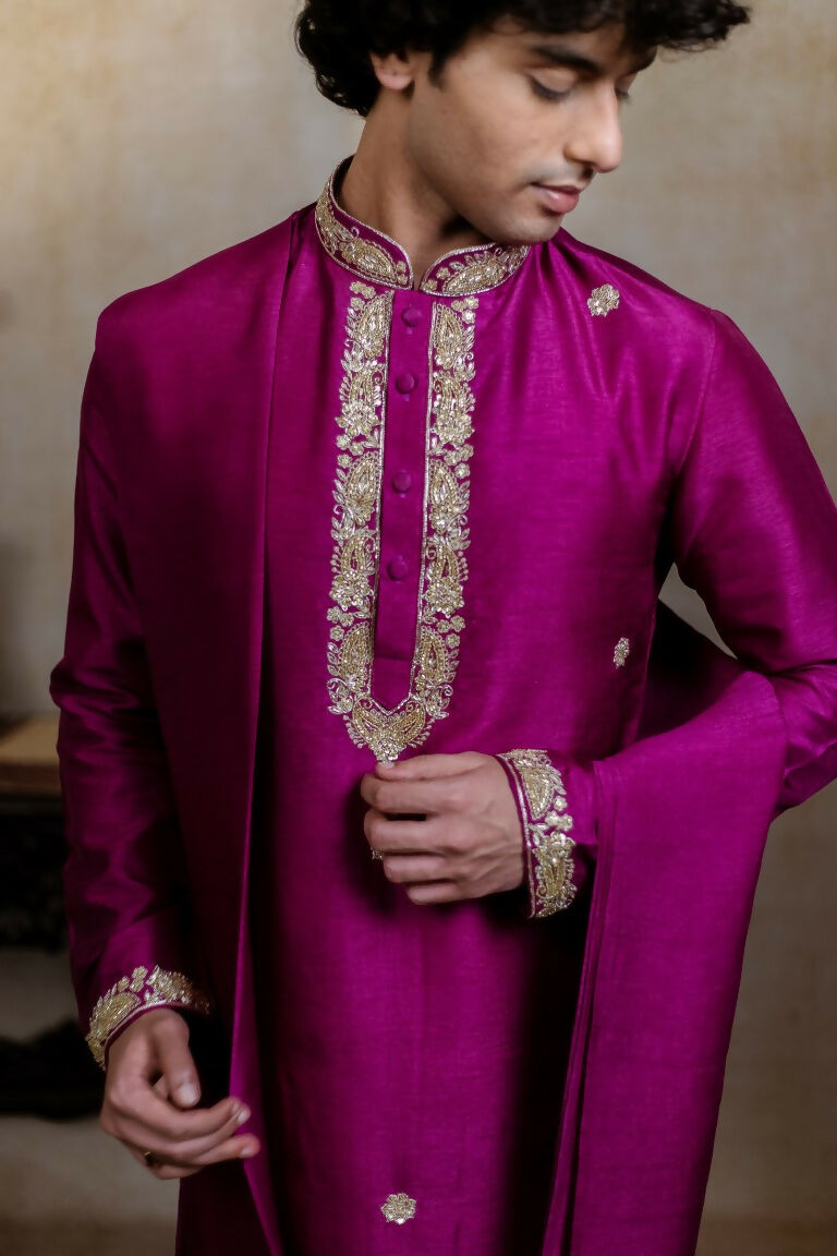 Falling Raw Silk Magenta Perple Rajyog Kurta Set By Hilo Design