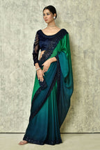 Green & Blue Silk Plain Saree with Blouse Piece - Purvi