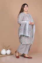 Miravan Women's Plus Size Blue Floral Printed Gota Patti Cotton Kurta With Palazzo And Dupatta Set