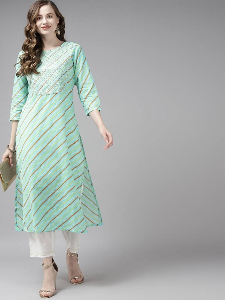 Yufta Women Sea Green Bandhani Striped Regular Sequined Pure Cotton Kurta with Palazzo