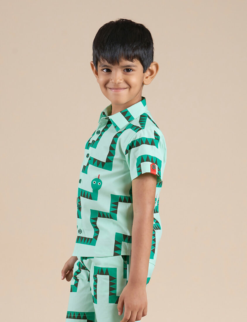 Snakes and Ladders Boys Green Table Print Shirt from Siblings Collection