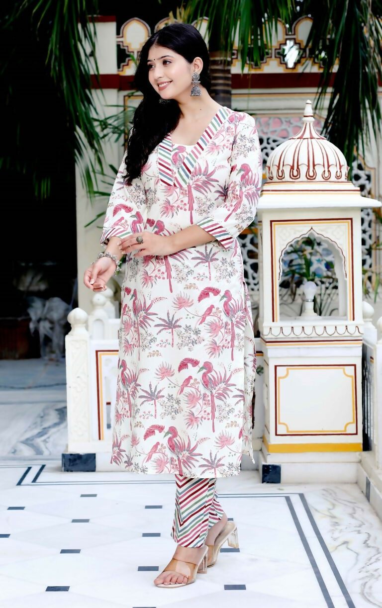 Miravan Women's Cotton Light Pink Floral Printed Straight Pakistani Style Kurta And Palazzo