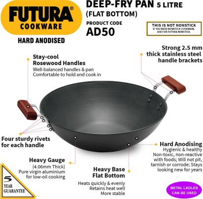 Hawkins Futura Hard Anodised Deep Fry Pan Flat Bottom Kadhai 5 L (AD50)