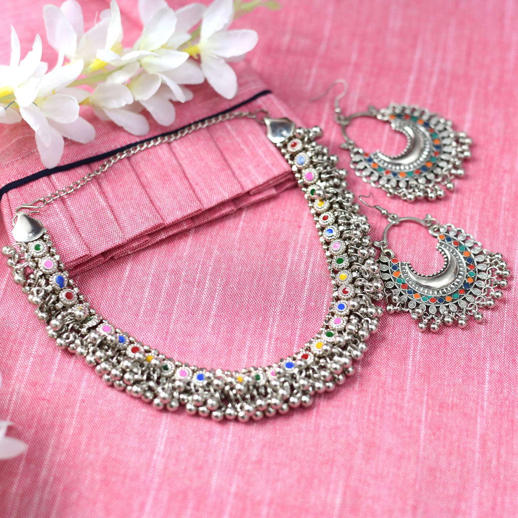 Mominos Fashion Johar Kamal Oxidised Silver-Plated Meena Work Choker Set - Distacart