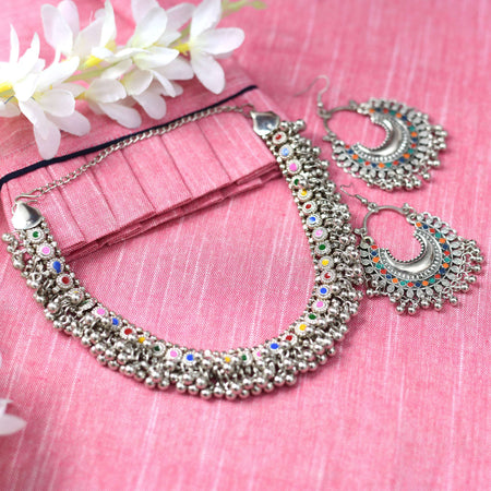 Mominos Fashion Johar Kamal Oxidised Silver-Plated Meena Work Choker Set