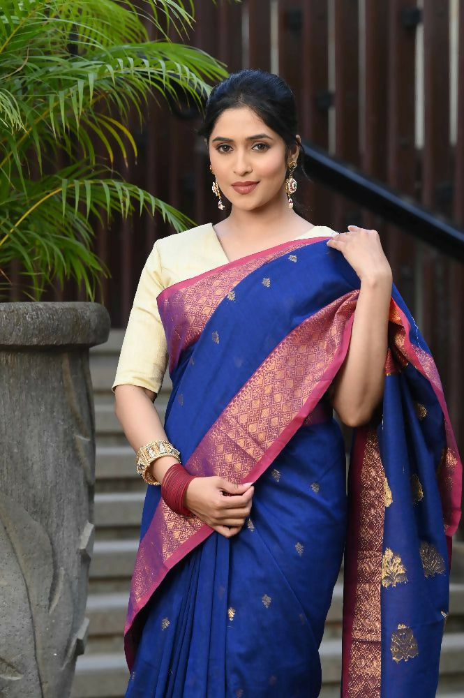 Beatitude Blue Cotton Banarasi Saree