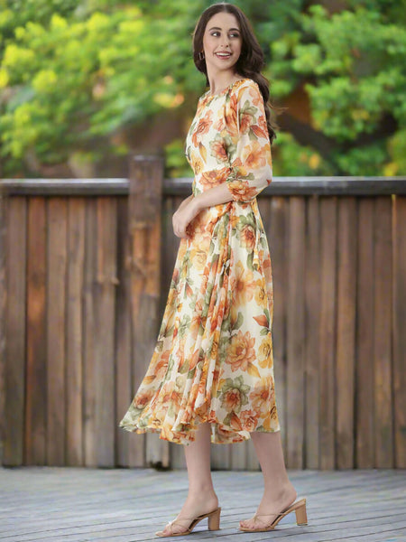 Souchii Cream Floral Chiffon Dress
