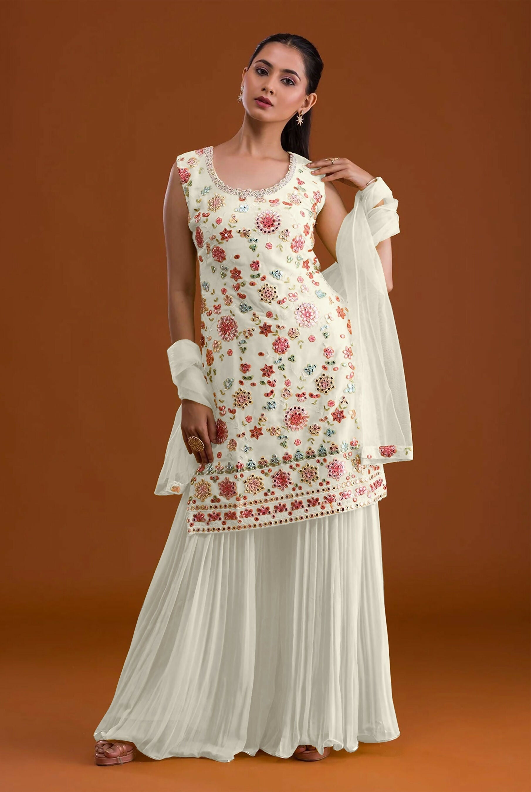 Anaita White Georgette Suit with Embroidered Multi Work - Distacart